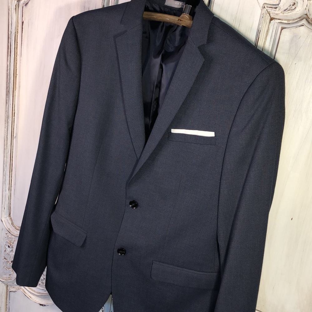 Zara Man Blue Two Button Front Closing Sport Coat with Built In Pocket Square - Picture 3 of 11